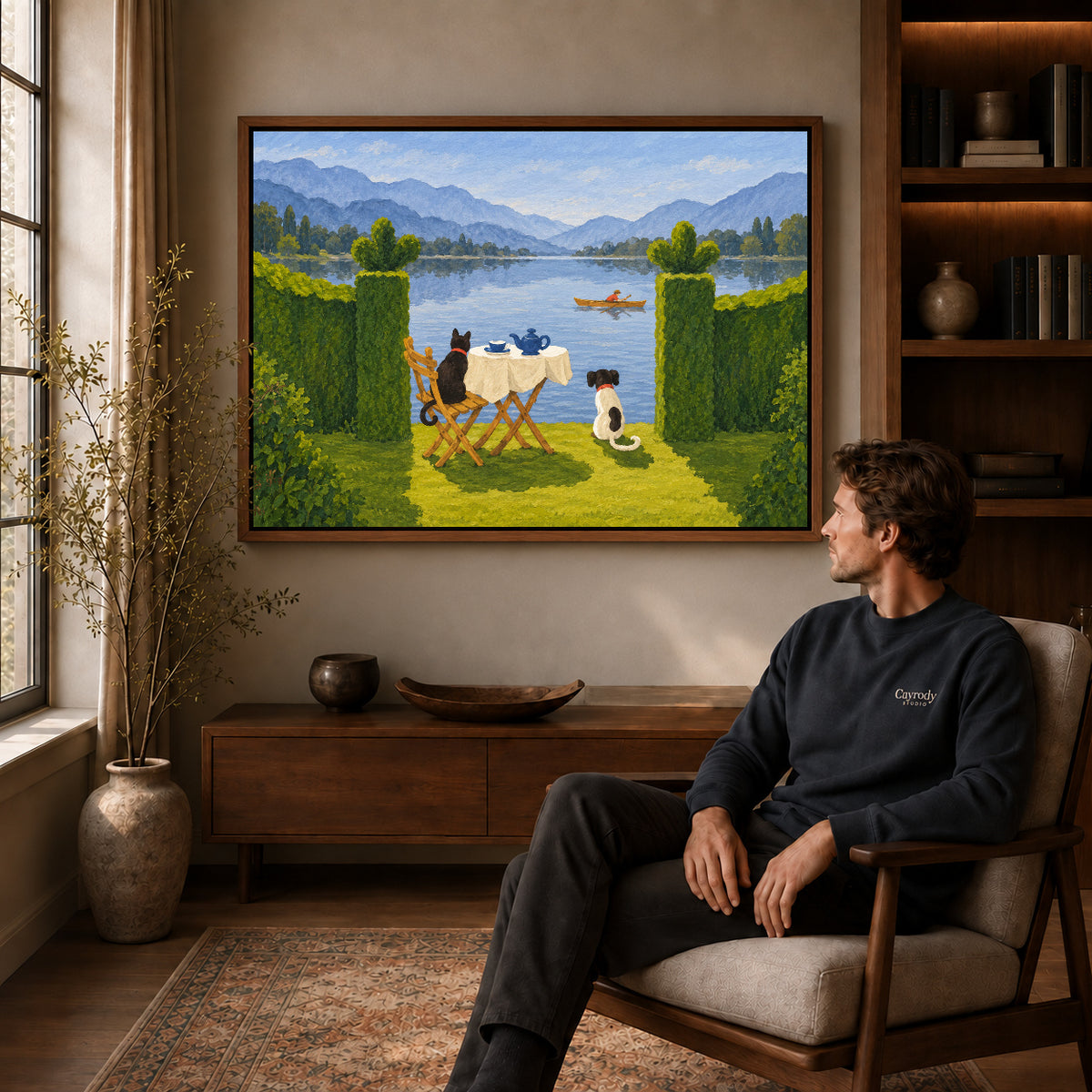 Lakeside Pets Canvas Art displayed in a walnut frame above wooden furniture beside a seated man.