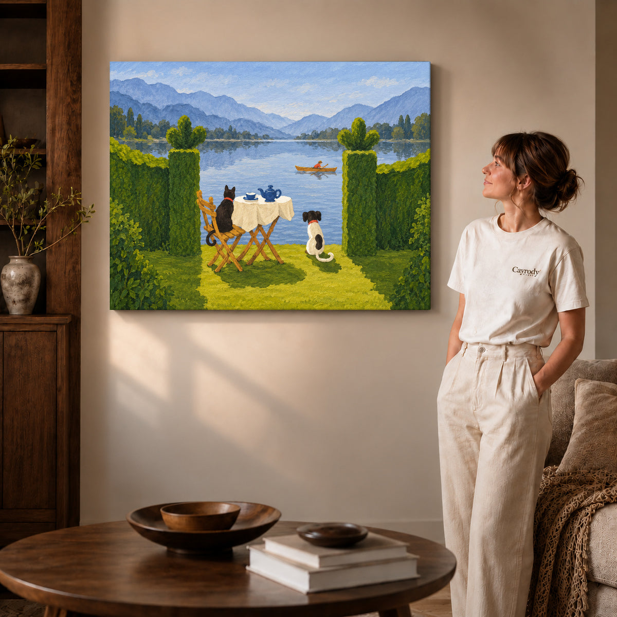 Lakeside Pets Canvas Art on gallery wrapped canvas with visible depth beside a woman in white.