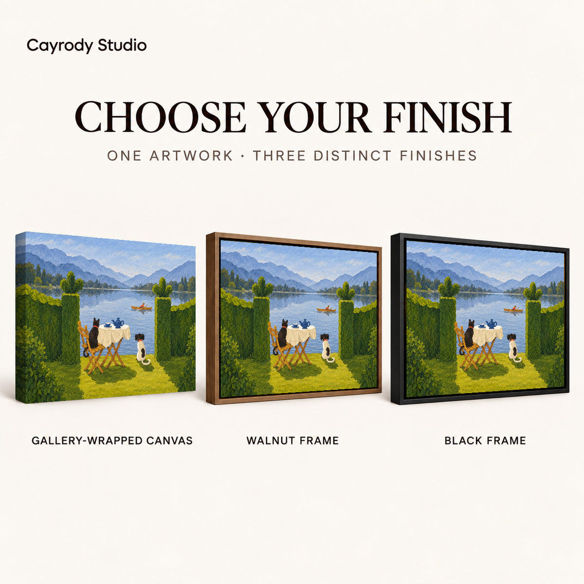Lakeside Pets Canvas Art shown in gallery wrapped canvas, walnut frame, and black frame finishes.