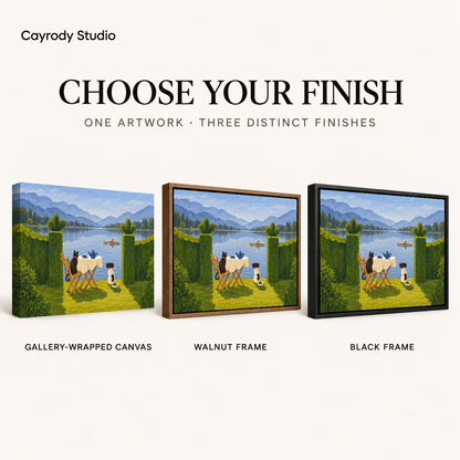 Lakeside Pets Canvas Art shown in gallery wrapped canvas, walnut frame, and black frame finishes.