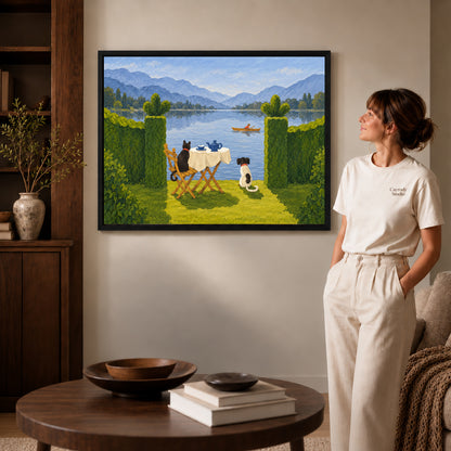 Black framed lakeside pets canvas art displayed beside a woman with natural light across the wall.