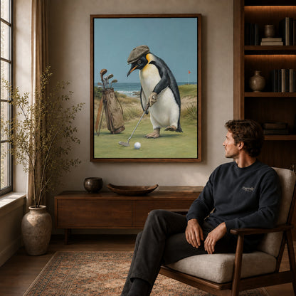 Golf Penguin Canvas Art displayed in a walnut frame above wooden furniture beside a seated man.