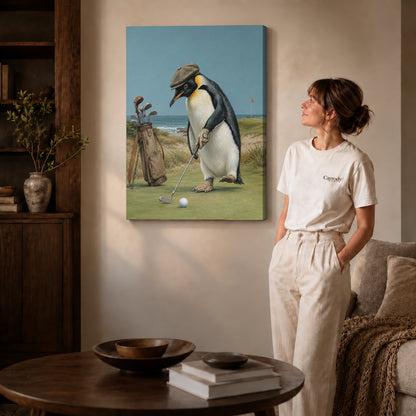 Golf Penguin Canvas Art on gallery wrapped canvas with visible depth beside a woman in white.