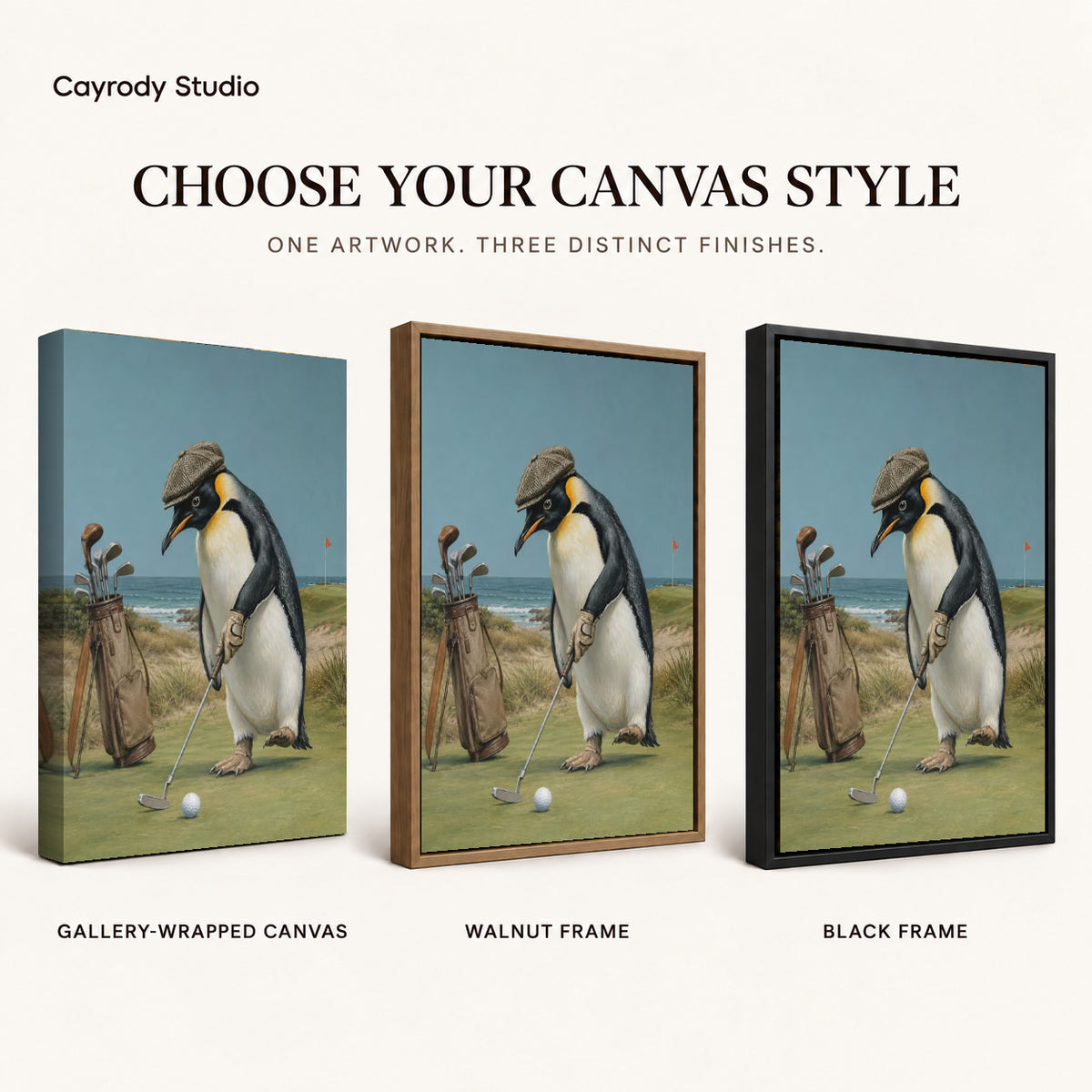 Golf Penguin Canvas Art shown in gallery wrapped canvas, walnut frame, and black frame finishes.