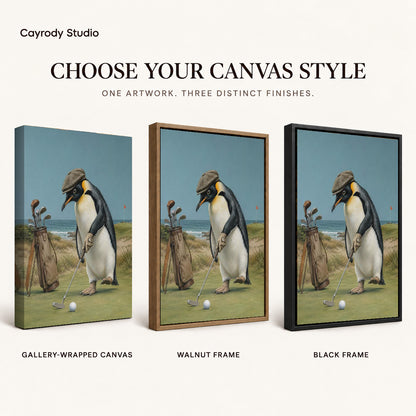 Golf Penguin Canvas Art shown in gallery wrapped canvas, walnut frame, and black frame finishes.