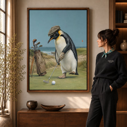 Walnut framed golf penguin canvas art with the complete artwork displayed in a warm living room.