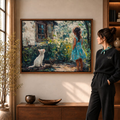 Garden Cat Canvas Art in a walnut frame beside a standing woman and warm wooden furniture.