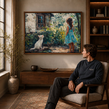 Garden Cat Canvas Art displayed in a walnut frame above wooden furniture beside a seated man.
