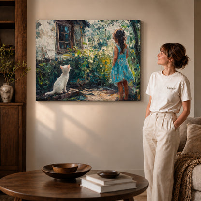 Garden Cat Canvas Art on gallery wrapped canvas with visible depth beside a woman in white.