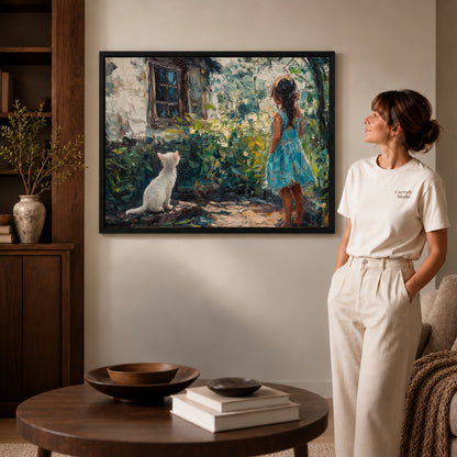 Garden Cat Canvas Art inside a black frame in a softly lit living room with books.
