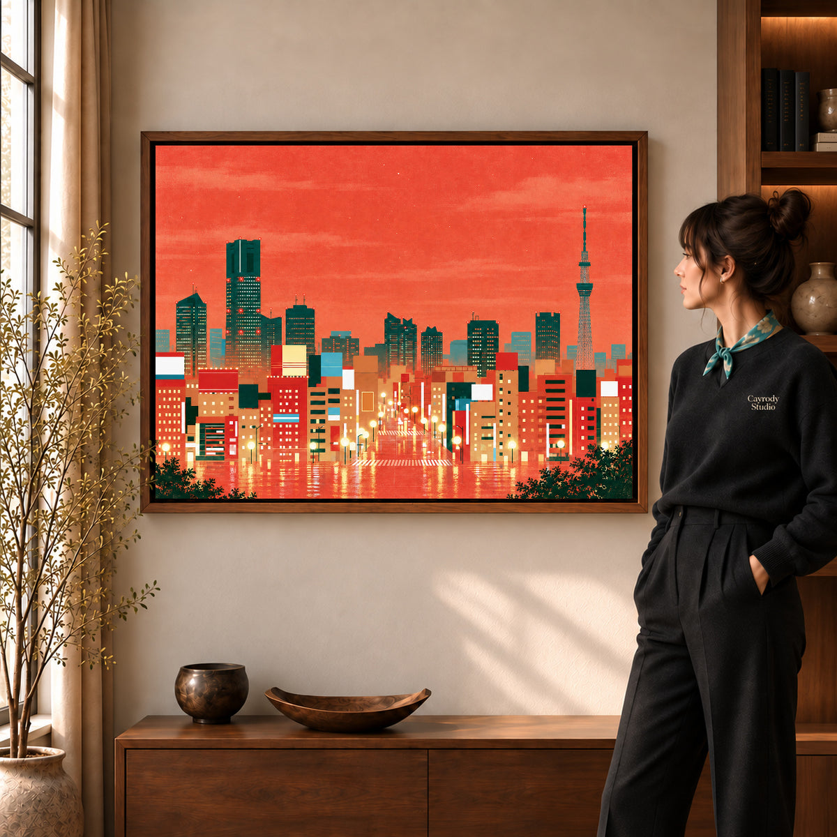 City Skyline Canvas Art in a walnut frame beside a standing woman and warm wooden furniture.