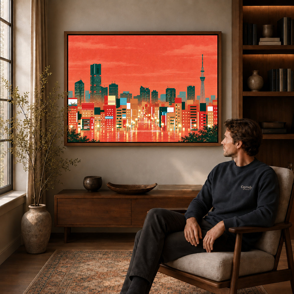 City Skyline Canvas Art displayed in a walnut frame above wooden furniture beside a seated man.