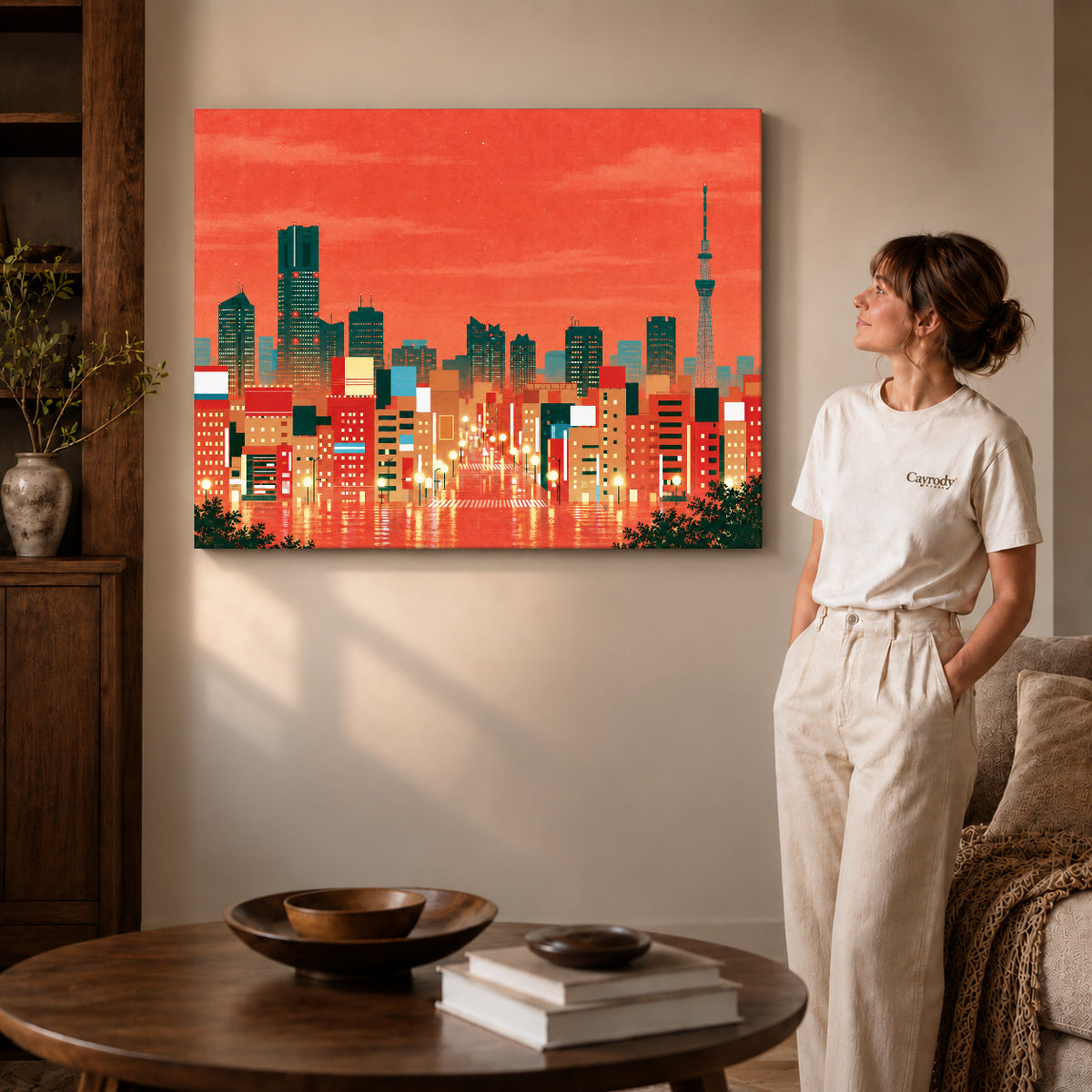 City Skyline Canvas Art on gallery wrapped canvas with visible depth beside a woman in white.