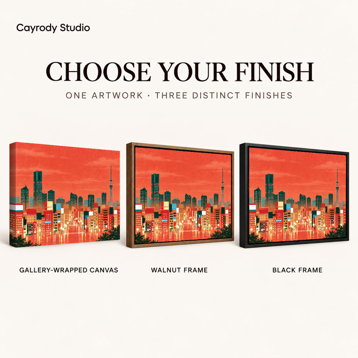 City Skyline Canvas Art shown in gallery wrapped canvas, walnut frame, and black frame finishes.