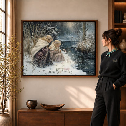 Winter Sisters Canvas Art in a walnut frame beside a standing woman and warm wooden furniture.