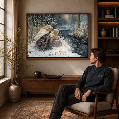 Winter Sisters Canvas Art displayed in a walnut frame above wooden furniture beside a seated man.