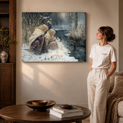 Winter Sisters Canvas Art on gallery wrapped canvas with visible depth beside a woman in white.