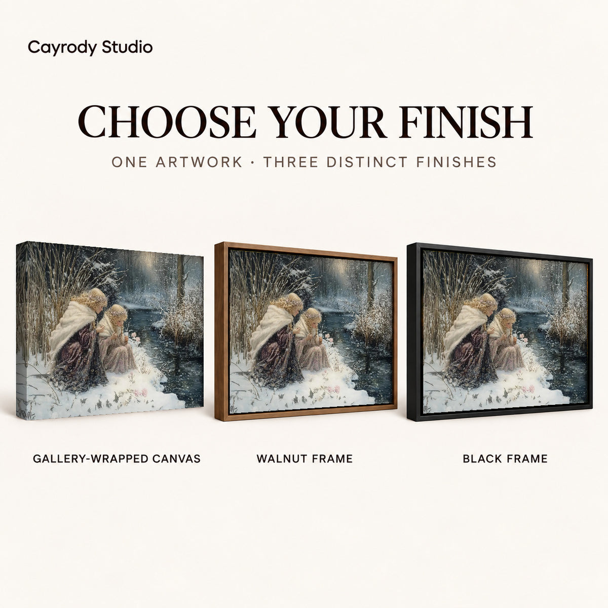 Winter Sisters Canvas Art shown in gallery wrapped canvas, walnut frame, and black frame finishes.