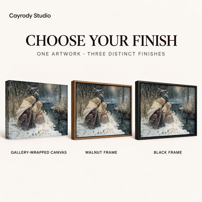 Winter Sisters Canvas Art shown in gallery wrapped canvas, walnut frame, and black frame finishes.