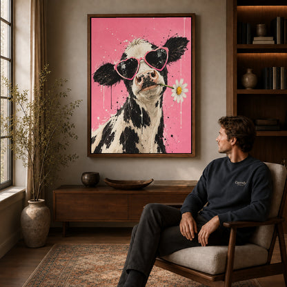 Funny Cow Canvas Art displayed in a walnut frame above wooden furniture beside a seated man.