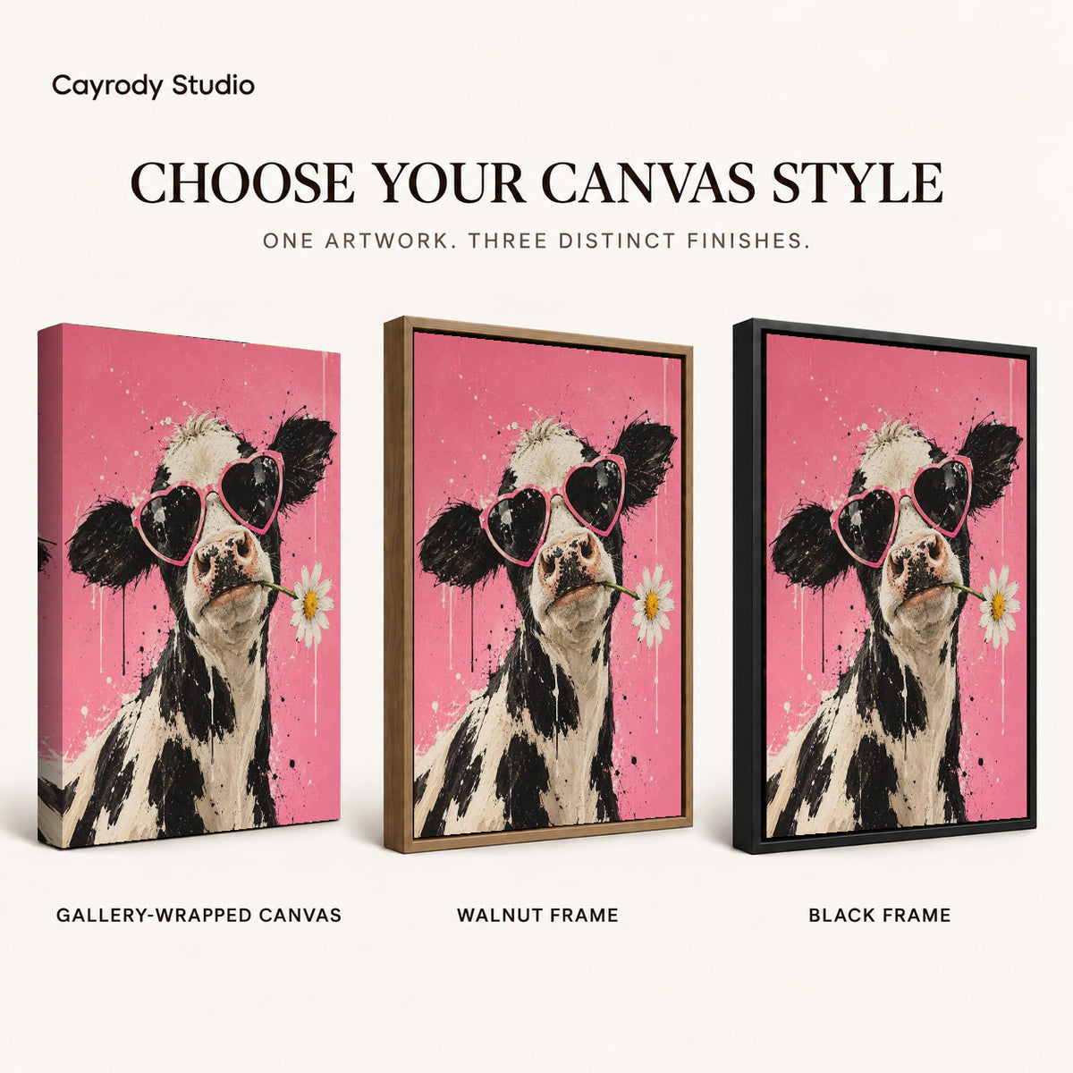 Funny Cow Canvas Art shown in gallery wrapped canvas, walnut frame, and black frame finishes.
