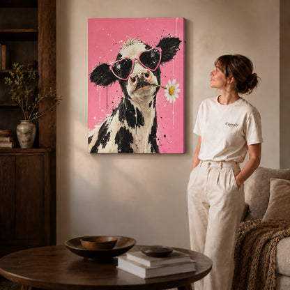 Gallery wrapped funny cow canvas art showing dimensional edges and soft shadows in a living room.
