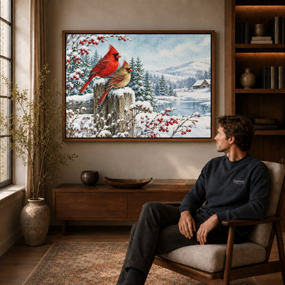 Cardinal Canvas Art displayed in a walnut frame above wooden furniture beside a seated man.