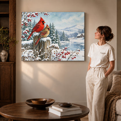 Cardinal Canvas Art on gallery wrapped canvas with visible depth beside a woman in white.