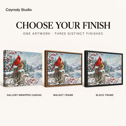 Cardinal Canvas Art shown in gallery wrapped canvas, walnut frame, and black frame finishes.