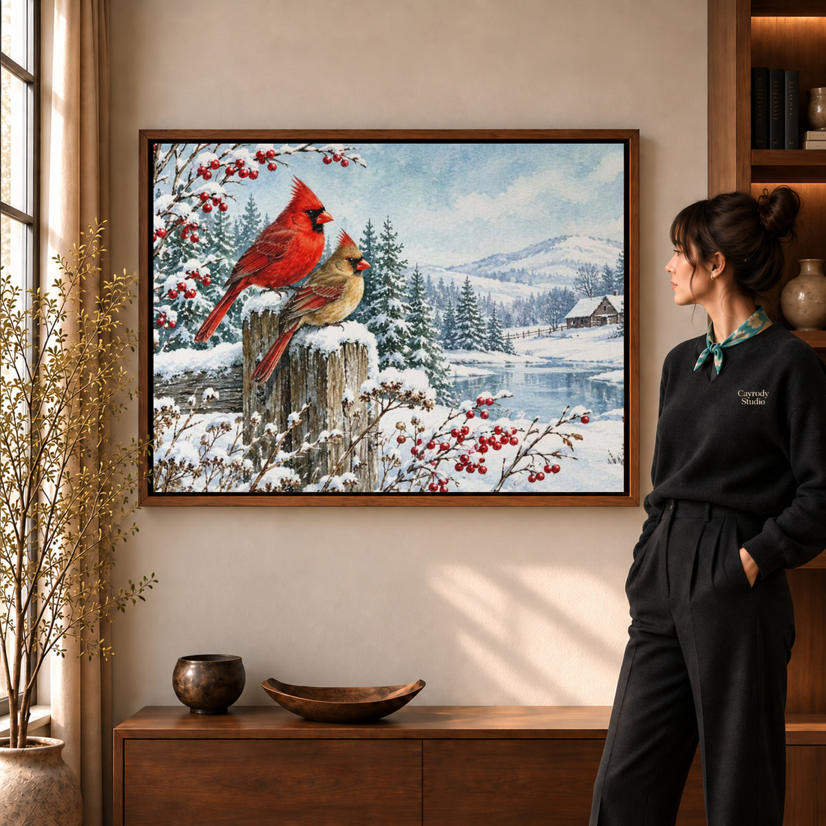 Walnut framed cardinal canvas art with the complete artwork displayed in a warm living room.