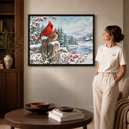Black framed cardinal canvas art displayed beside a woman with natural light across the wall.