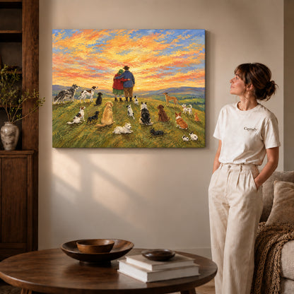 Sunset Companions Canvas Art on gallery wrapped canvas with visible depth beside a woman in white.