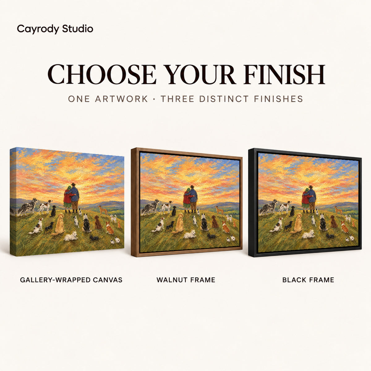Sunset Companions Canvas Art shown in gallery wrapped canvas, walnut frame, and black frame finishes.