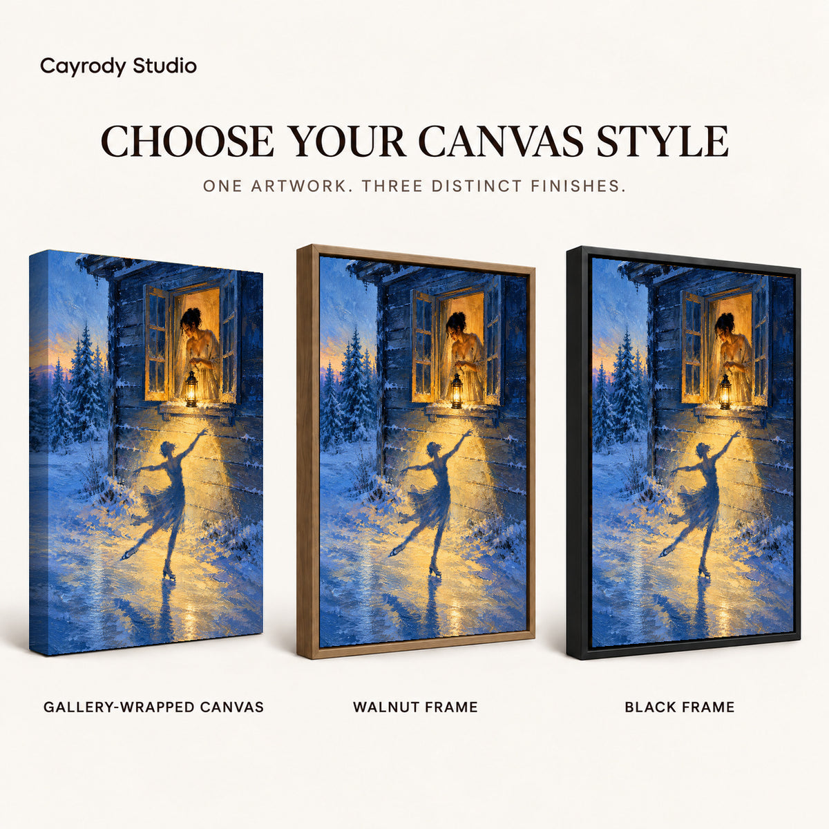 Winter Lantern Canvas Art shown in gallery wrapped canvas, walnut frame, and black frame finishes.