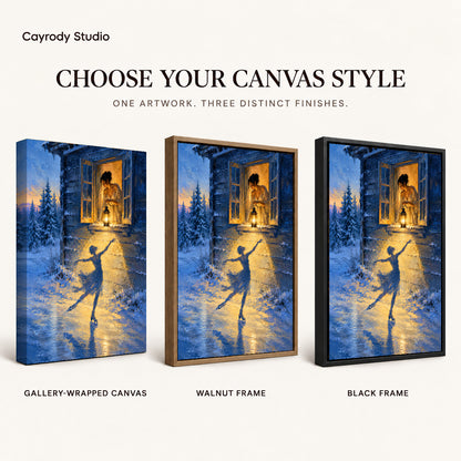 Winter Lantern Canvas Art shown in gallery wrapped canvas, walnut frame, and black frame finishes.