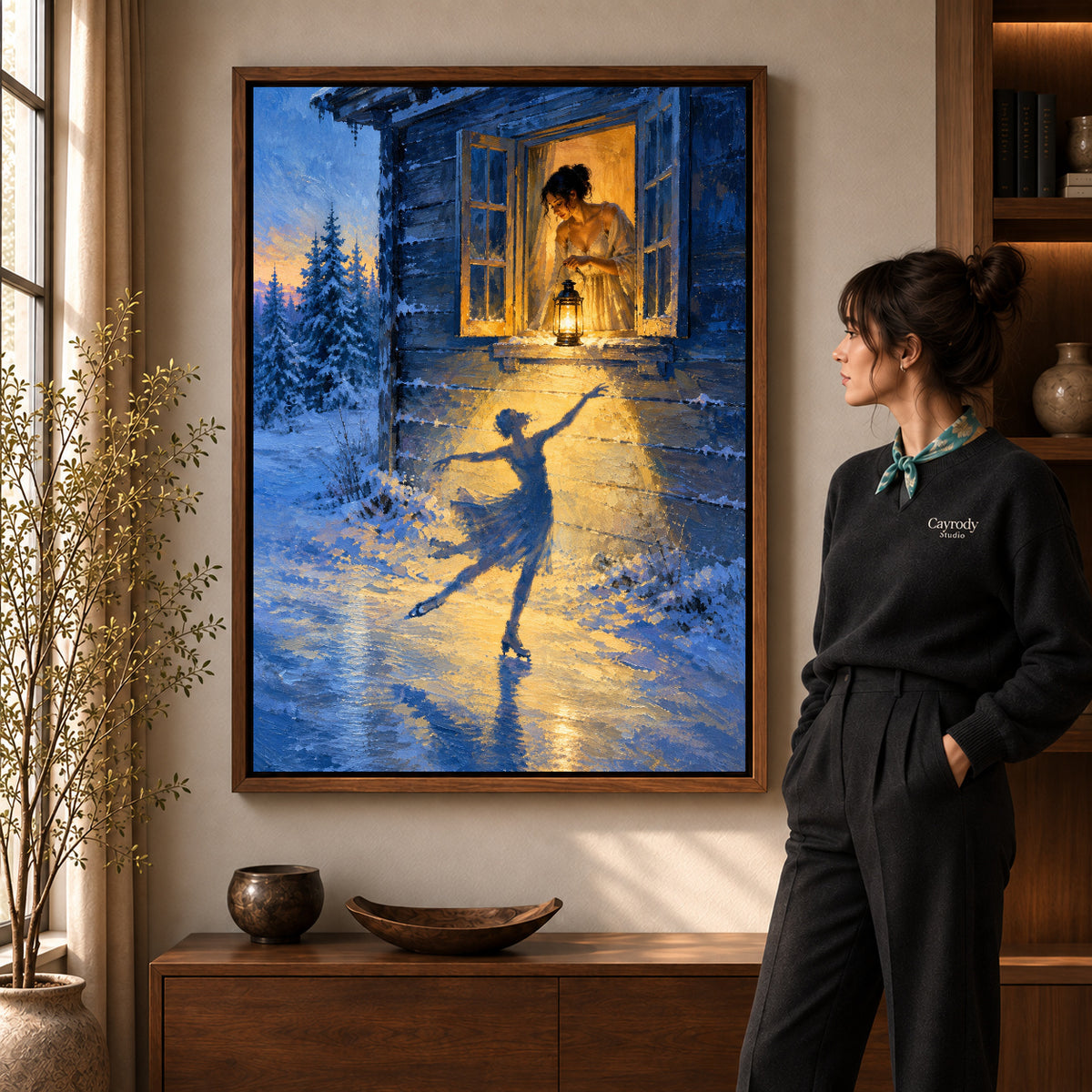 Walnut framed winter lantern canvas art with the complete artwork displayed in a warm living room.