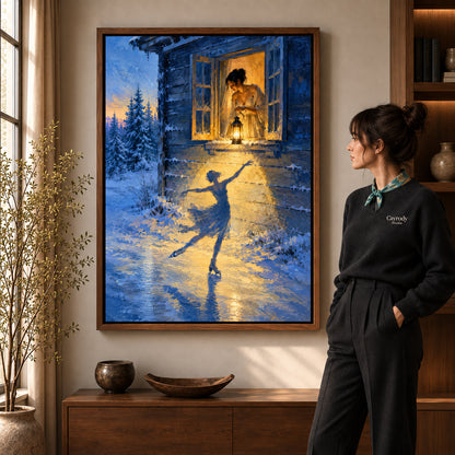 Walnut framed winter lantern canvas art with the complete artwork displayed in a warm living room.