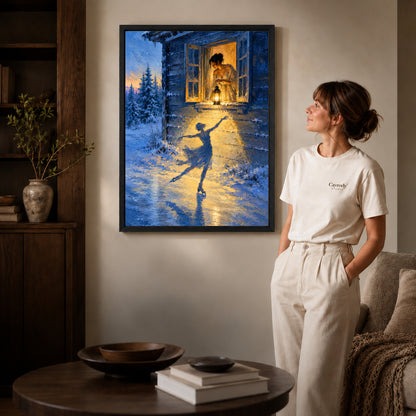 Black framed winter lantern canvas art displayed beside a woman with natural light across the wall.