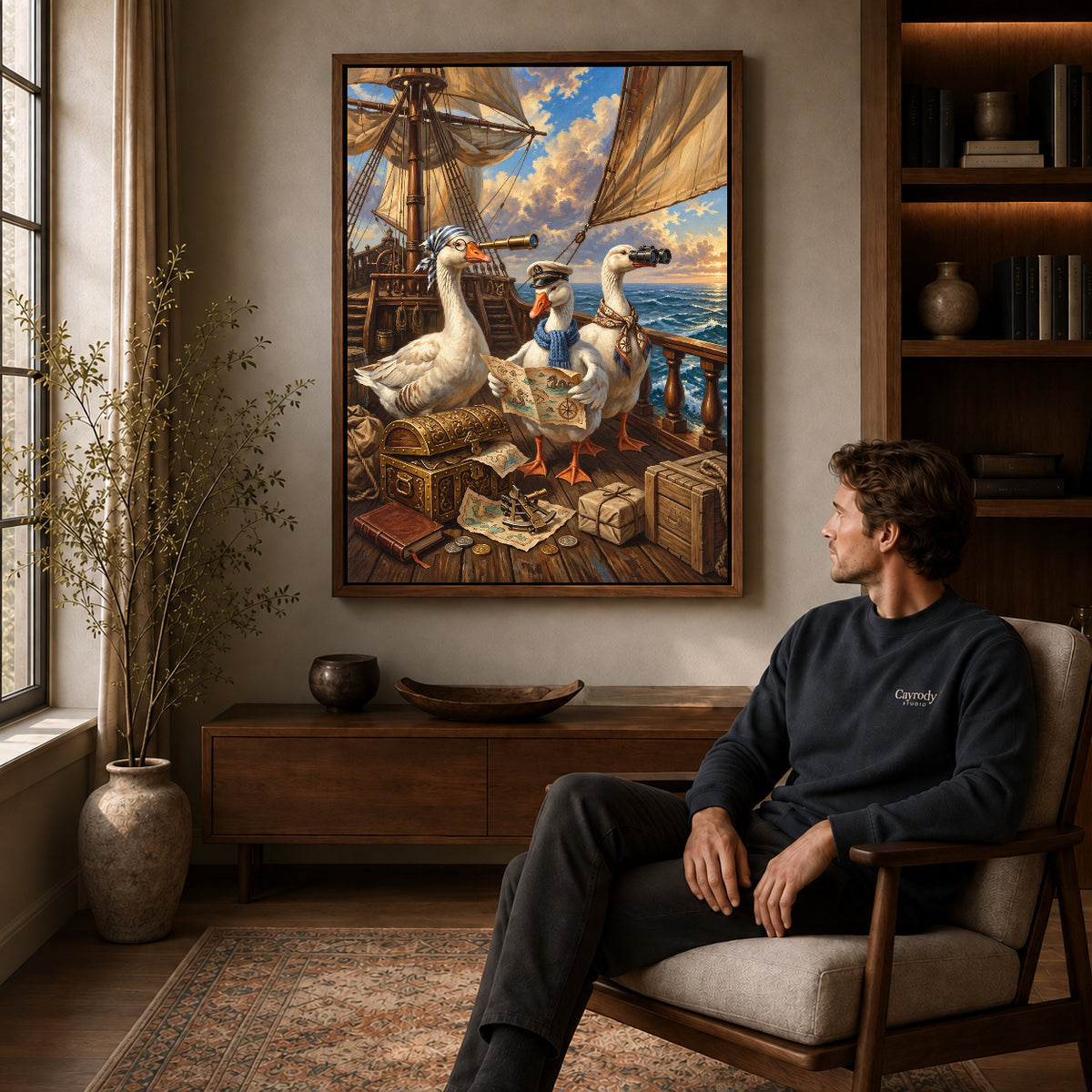 Sailing Geese Canvas Art displayed in a walnut frame above wooden furniture beside a seated man.
