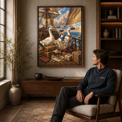 Sailing Geese Canvas Art displayed in a walnut frame above wooden furniture beside a seated man.