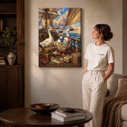 Sailing Geese Canvas Art on gallery wrapped canvas with visible depth beside a woman in white.
