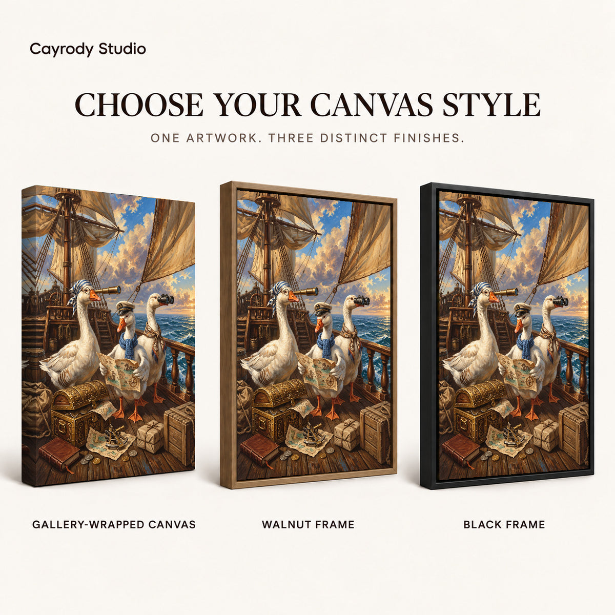 Sailing Geese Canvas Art shown in gallery wrapped canvas, walnut frame, and black frame finishes.