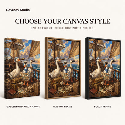 Sailing Geese Canvas Art shown in gallery wrapped canvas, walnut frame, and black frame finishes.