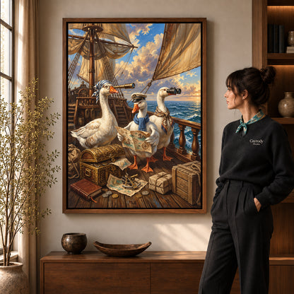 Walnut framed sailing geese canvas art with the complete artwork displayed in a warm living room.