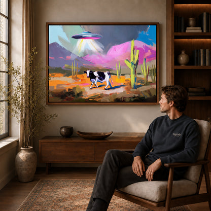 UFO Cow Canvas Art displayed in a walnut frame above wooden furniture beside a seated man.