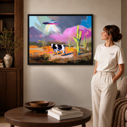 UFO Cow Canvas Art inside a black frame in a softly lit living room with books.