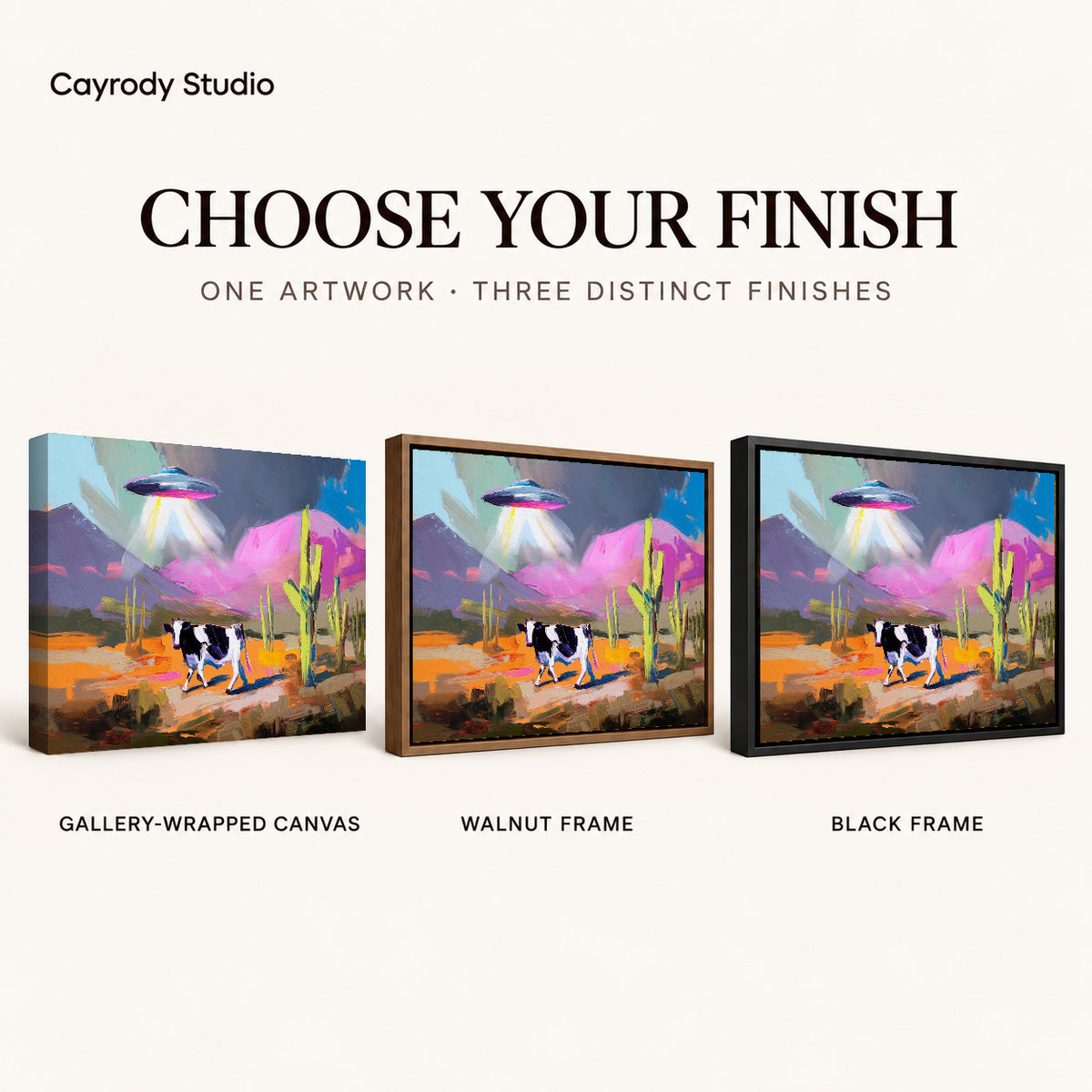 UFO Cow Canvas Art shown in gallery wrapped canvas, walnut frame, and black frame finishes.