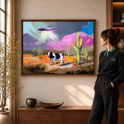 Walnut framed ufo cow canvas art with the complete artwork displayed in a warm living room.