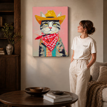 Cowboy Cat Canvas Art on gallery wrapped canvas with visible depth beside a woman in white.