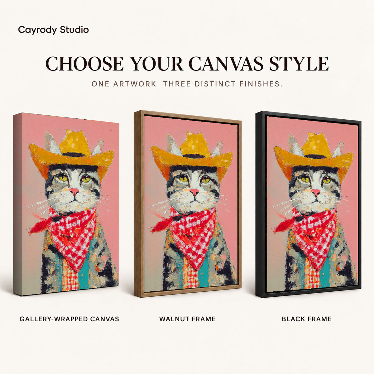 Cowboy Cat Canvas Art shown in gallery wrapped canvas, walnut frame, and black frame finishes.
